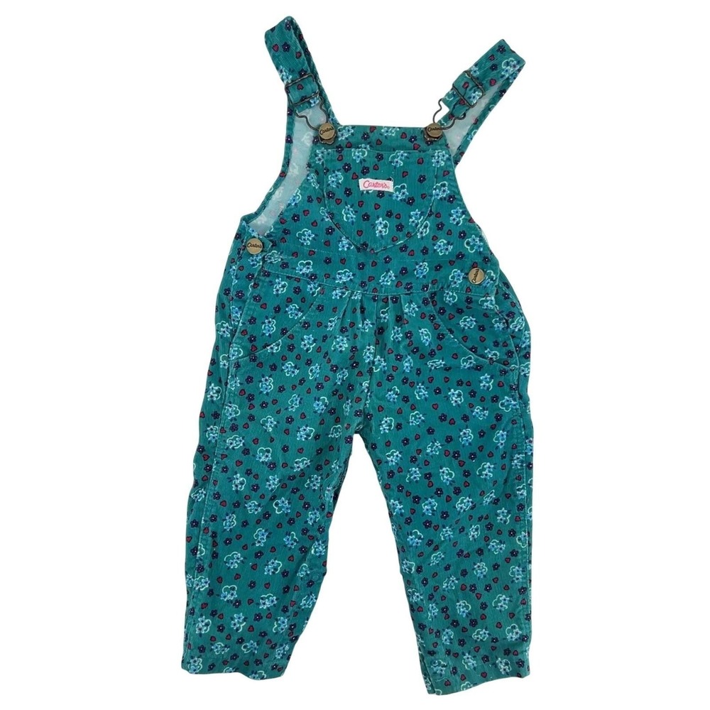 Vintage 90s Carters Toddler Girls Teal Floral Corduroy Overalls Heart Print 24M